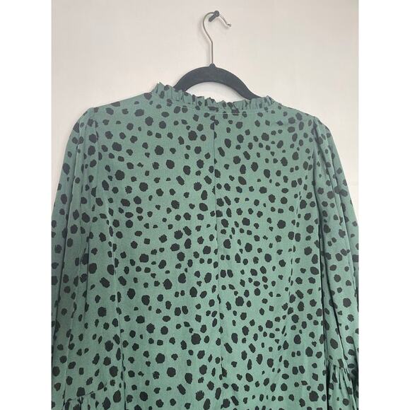 Arula Leopard Print Green Shift Dress Size A/XL Long Sleeve Knee Length V-Neck - Picture 7 of 13